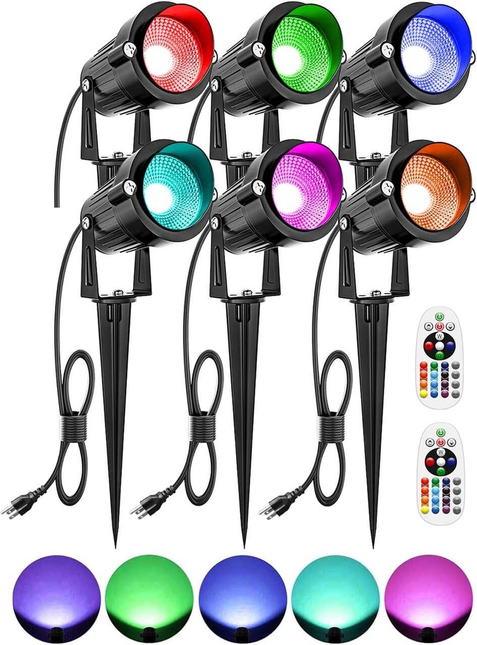 RGBW Christmas Spotlights Outdoor LED Spot Lights for Yard, 10W Color Changing Landscape Lighting 120V Waterproof Spotlight with Plug & Remote for House Garden Path Tree Decoration(6Pack)